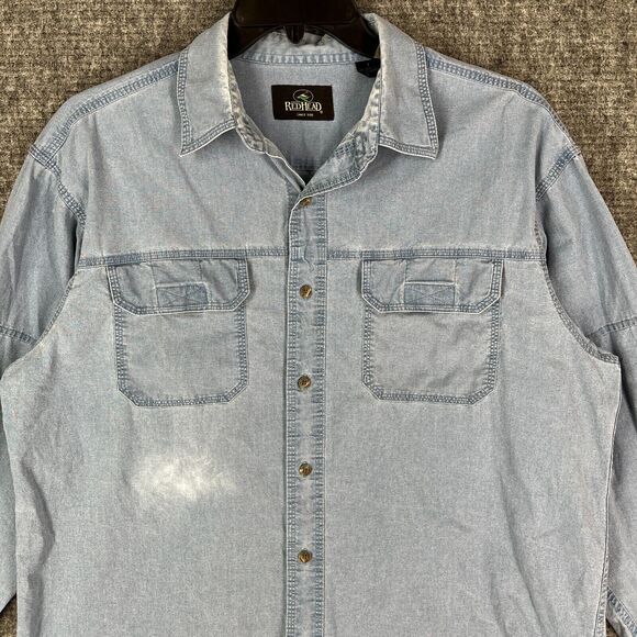 Red Head Shirt Mens L Button-Up Camp Field Outdoor Hike Chore Cottage Denim - Picture 2 of 13